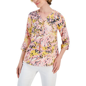 JM Collection Women's Large Petite Pink Butterfly Field Printed Utility Top NWT